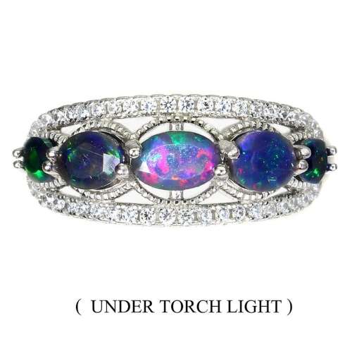 Natural Unheated Rainbow Black Fire Opal, White CZ  set in Solid 925 Sterling Silver Ring Sz 9.5