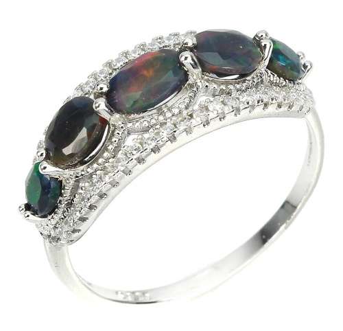 Natural Unheated Rainbow Black Fire Opal, White CZ  set in Solid 925 Sterling Silver Ring Sz 9.5