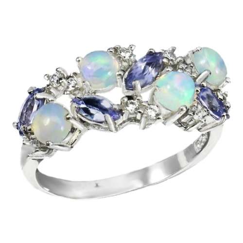 Natural Unheated Ethiopian Fire Opal And Tanzanite, CZ Gemstone Solid .925 Sterling Ring Size 8 / Q