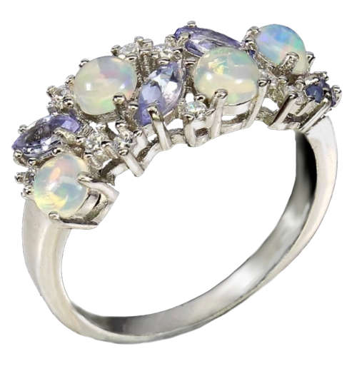 Natural Unheated Ethiopian Fire Opal And Tanzanite, CZ Gemstone Solid .925 Sterling Ring Size 8 / Q