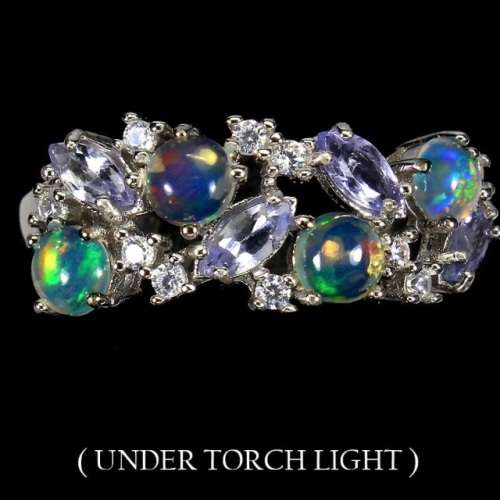 Natural Unheated Ethiopian Fire Opal And Tanzanite, CZ Gemstone Solid .925 Sterling Ring Size 8 / Q