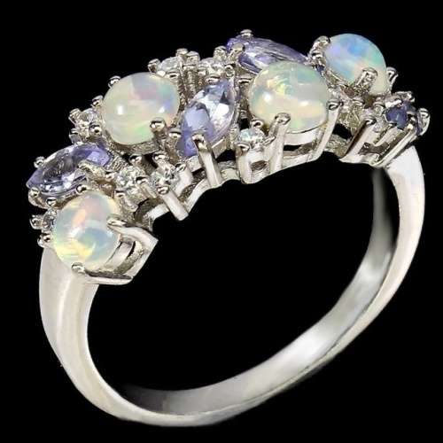 Natural Unheated Ethiopian Fire Opal And Tanzanite, CZ Gemstone Solid .925 Sterling Ring Size 8 / Q