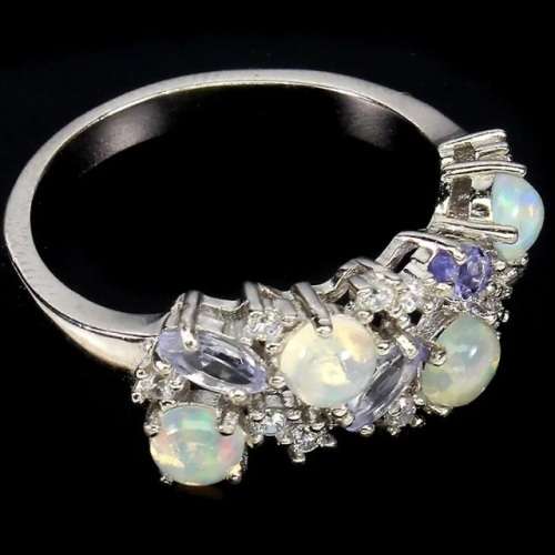 Natural Unheated Ethiopian Fire Opal And Tanzanite, CZ Gemstone Solid .925 Sterling Ring Size 8 / Q
