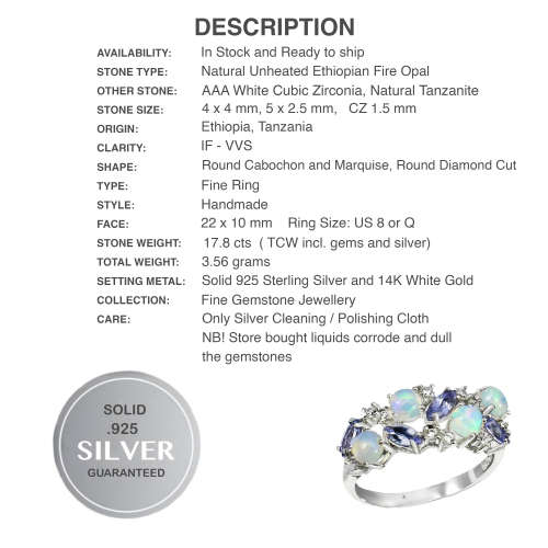 Natural Unheated Ethiopian Fire Opal And Tanzanite, CZ Gemstone Solid .925 Sterling Ring Size 8 / Q