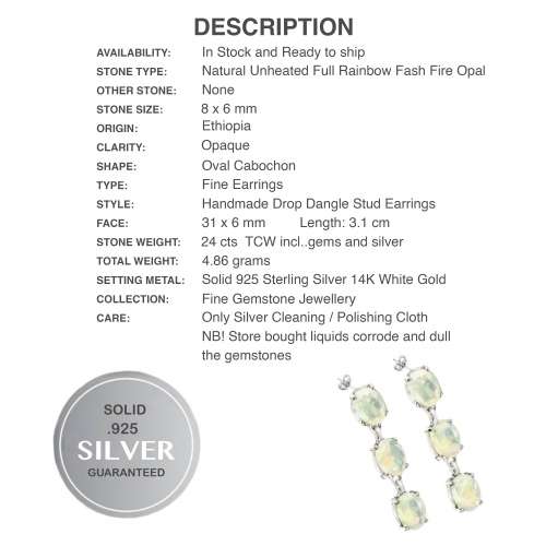 Deluxe Natural Unheated Full Rainbow Fire Opal Gemstone  925 Sterling Silver 14K White Gold Earrings