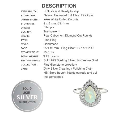 Natural Unheated Ethiopian Fire Opal CZ Gemstone Solid .925 Sterling Ring Size 7 or O