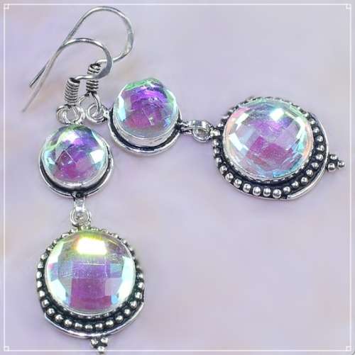 Aqua Pink Mystic Fire Topaz Round Checkerboard Cut in .925 Sterling Silver Plated Handmade Earrings