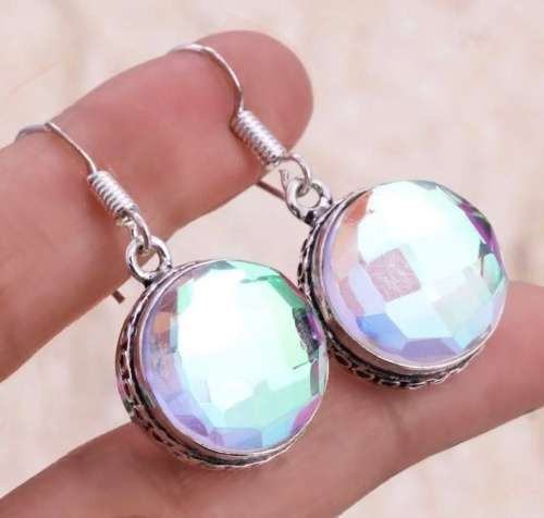 Aqua Pink Mystic Fire Topaz Facet Cut Round set in .925 Sterling Silver Plated Handmade Earrings