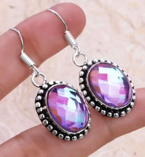 Aqua Pink Mystic Fire Topaz Oval in .925 Sterling Silver Plated Handmade Dainty Earrings