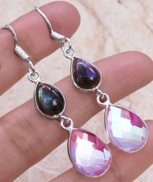 Aqua Pink Mystic Fire Topaz and Labradorite set in .925 Sterling Silver Plated  Handmade Earrings