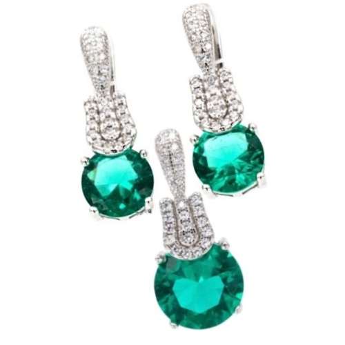 Breathtaking AAA+  Green , White Cubic Zirconia  Solid .925 Silver 14K W/Gold Pendant and Earrings