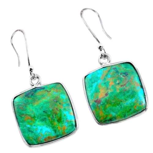 Natural Chrysocolla Square Gemstone set in Solid .925 Sterling Silver Earrings