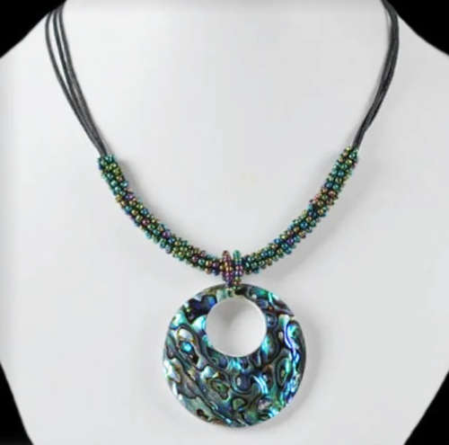 Natural New Zealand Abalone Shell with Peacock Colour Beadwork and Black Suede Handmade Necklace