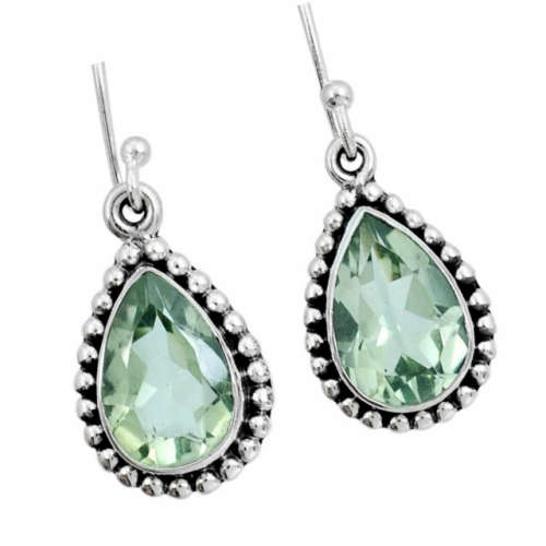 Natural Green Amethyst Pear Gemstone Solid .925 Sterling Silver  Handmade Earrings