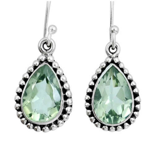Natural Green Amethyst Pear Gemstone Solid .925 Sterling Silver  Handmade Earrings