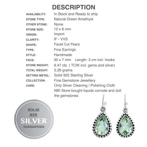 Natural Green Amethyst Pear Gemstone Solid .925 Sterling Silver  Handmade Earrings
