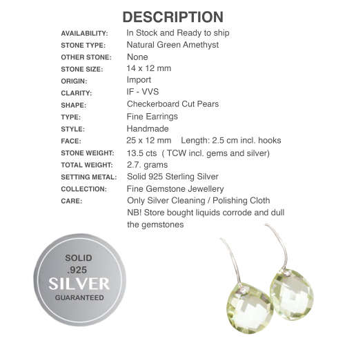 Natural Green Amethyst Checkerboard Cut Pear Gemstone Solid .925 Sterling Silver Handmade Earrings