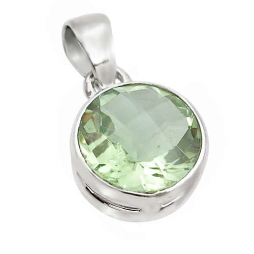 Handmade Natural Green Amethyst (Prasiolite) Round Gemstone .925 Silver Pendant Necklace