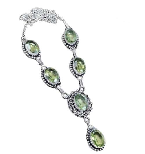 Green Amethyst Oval Gemstones set in .925 Sterling Silver Plated Handmade Necklace