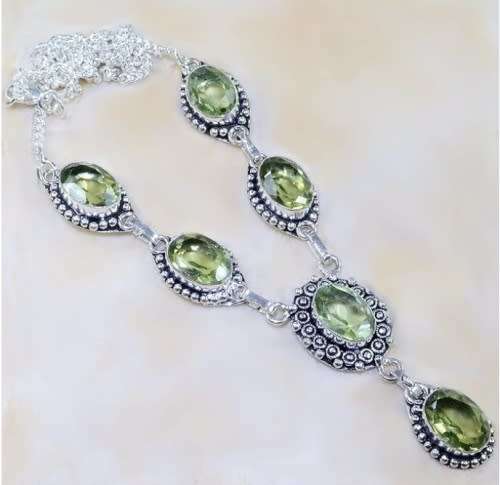 Green Amethyst Oval Gemstones set in .925 Sterling Silver Plated Handmade Necklace