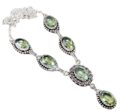Green Amethyst Oval Gemstones set in .925 Sterling Silver Plated Handmade Necklace