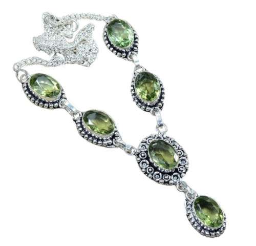 Green Amethyst Faceted Gemstone Ovals set in .925 Sterling Silver Plated Antique Style Necklace