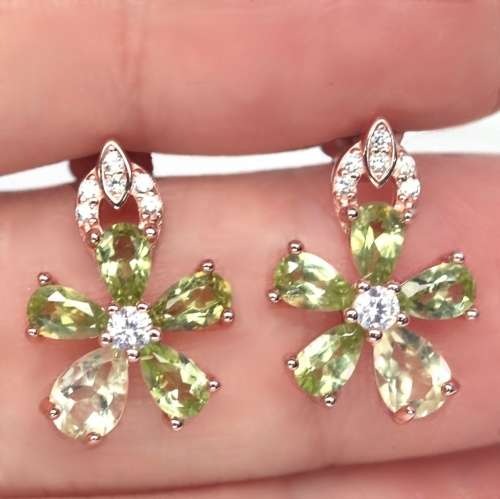 Natural Unheated Peridot, Lemon Quartz Cubic Zirconia Gemstone Solid .925 Sterling Silver Earrings