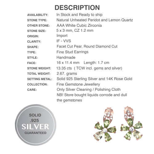 Natural Unheated Peridot, Lemon Quartz Cubic Zirconia Gemstone Solid .925 Sterling Silver Earrings