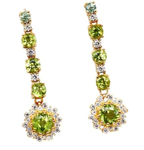 Natural Unheated Peridot, White Cubic Zirconia Gemstone Solid .925 Sterling Silver Earrings