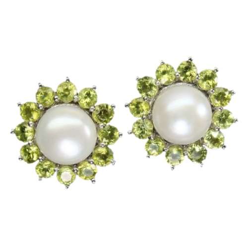 Natural Unheated Peridot, White Pearl Gemstone Solid .925 Sterling Silver Stud Earrings