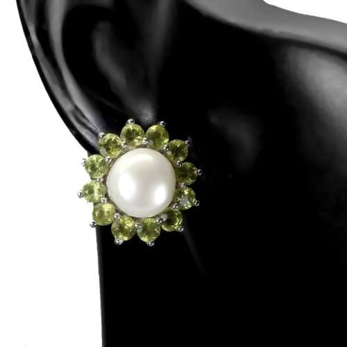 Natural Unheated Peridot, White Pearl Gemstone Solid .925 Sterling Silver Stud Earrings