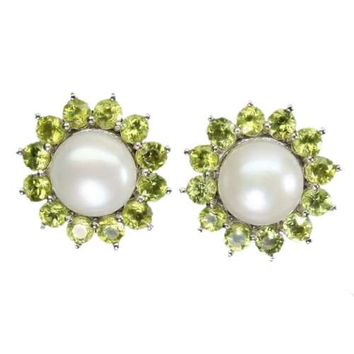 Natural Unheated Peridot, White Pearl Gemstone Solid .925 Sterling Silver Stud Earrings
