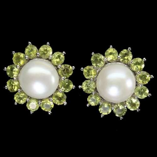 Natural Unheated Peridot, White Pearl Gemstone Solid .925 Sterling Silver Stud Earrings