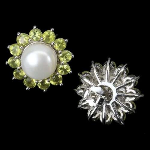 Natural Unheated Peridot, White Pearl Gemstone Solid .925 Sterling Silver Stud Earrings