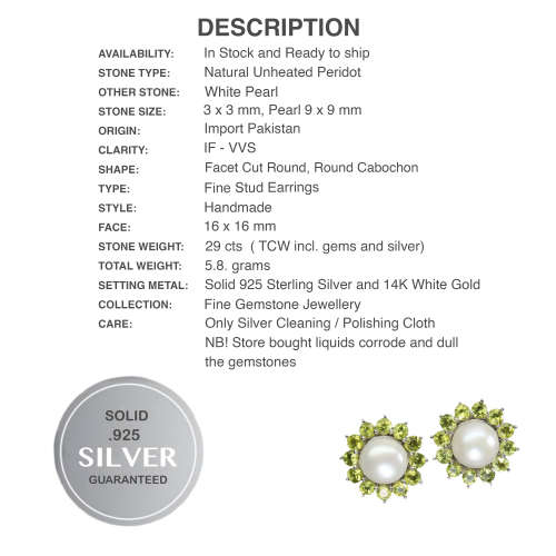 Natural Unheated Peridot, White Pearl Gemstone Solid .925 Sterling Silver Stud Earrings