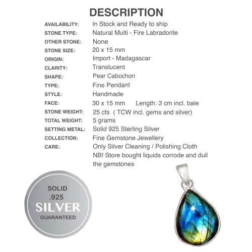 Natural Multi Fire Labradorite Pear Shape set in Solid .925 Sterling Silver Dainty Pendant