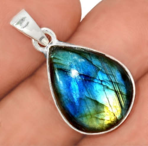 Natural Multi Fire Labradorite Pear Shape set in Solid .925 Sterling Silver Dainty Pendant