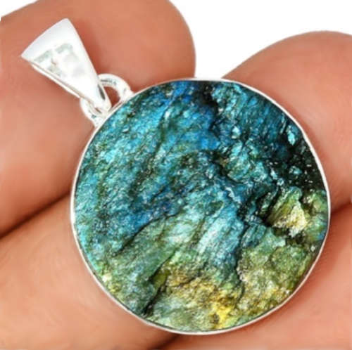 Natural Blue Fire Rough Labradorite Round Gemstone set in Solid .925 Sterling Silver Pendant