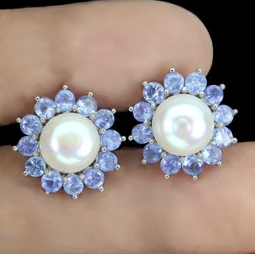 Rare Natural Unheated Tanzanite and White Pearl Solid .925 Silver & White Gold Stud Earrings