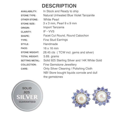 Rare Natural Unheated Tanzanite and White Pearl Solid .925 Silver & White Gold Stud Earrings