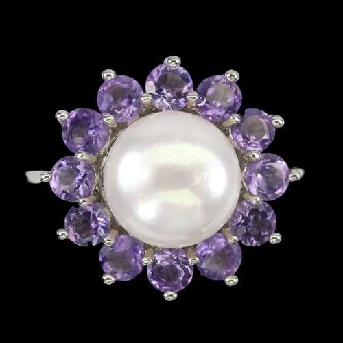 12 Natural Unheated Purple Amethyst and White Pearl Solid .925 Silver 14K White Gold Ring 7 / O