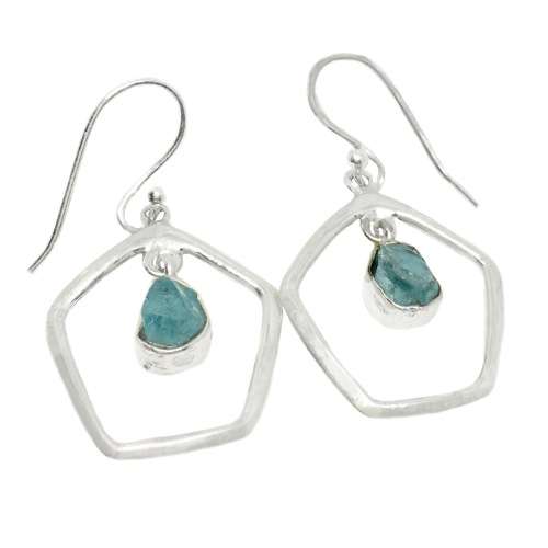 Natural Aquamarine Rough Gemstone set in Solid .925 Sterling Silver Earrings
