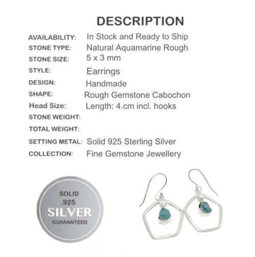 Natural Aquamarine Rough Gemstone set in Solid .925 Sterling Silver Earrings