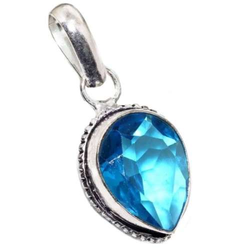 Blue Topaz Pear Shape Gemstone set in .925 Sterling Silver Plated Handmade Pendant