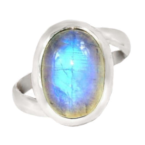 Natural Blue Schiller Rainbow Moonstone set in Solid .925 Sterling Silver Ring Size US 7 or O