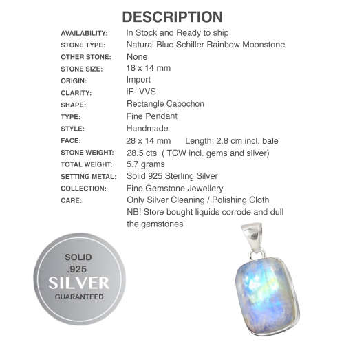 Natural Blue Schiller Rainbow Moonstone set in Solid .925 Sterling Silver Dainty Pendant