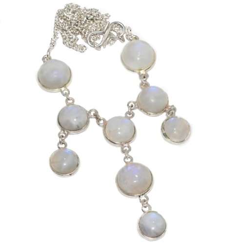 Dainty Natural Rainbow Moonstone Round Gemstones .925 Sterling Silver Plated Elegant Necklace
