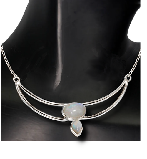 Dainty Natural Rainbow Moonstone Gemstones set in .925 Sterling Silver Plated Clavicle Necklace