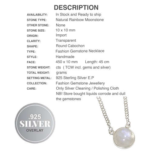 Natural Rainbow Moonstone Round Gemstone .925 Sterling Silver Plated Handmade Necklace