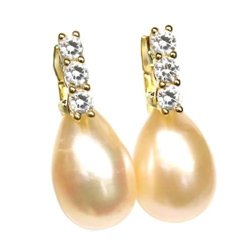 Natural Creamy Pink Pearl White Cubic Zirconia Solid 925 Sterling Silver Huggie Earrings
